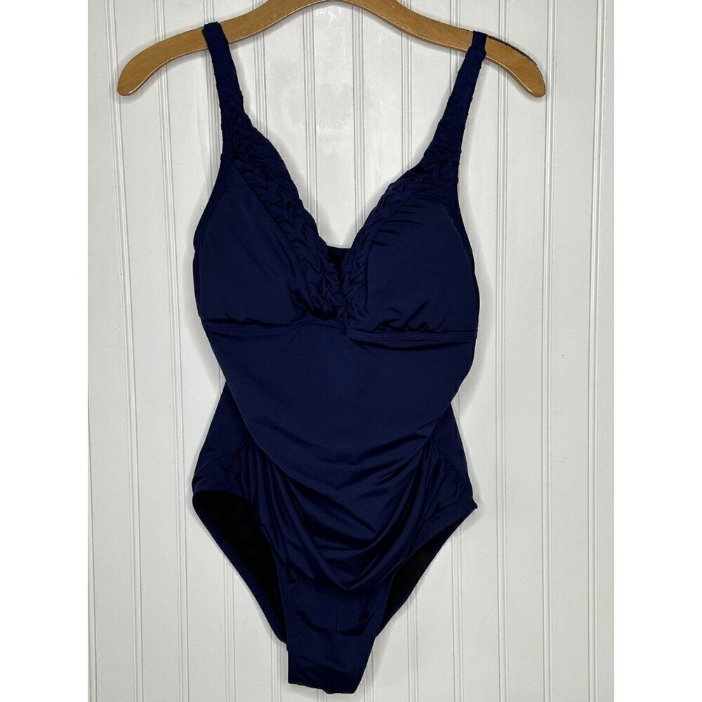 Hilor Navy Blue Ruched Tummy Control Soft  Cup Bra Size 14 One-Piece Swimsuit